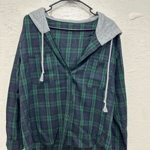 SHEIN Green and Black Plaid Jacket with Gray Hood